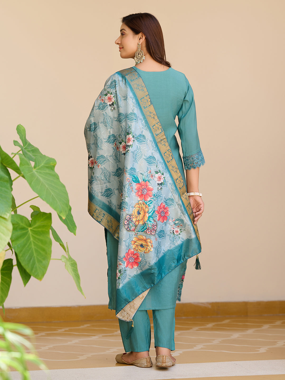 Embroidered Kurta With Pant & Embroidered Dupatta, Blue - Hiral Fashion