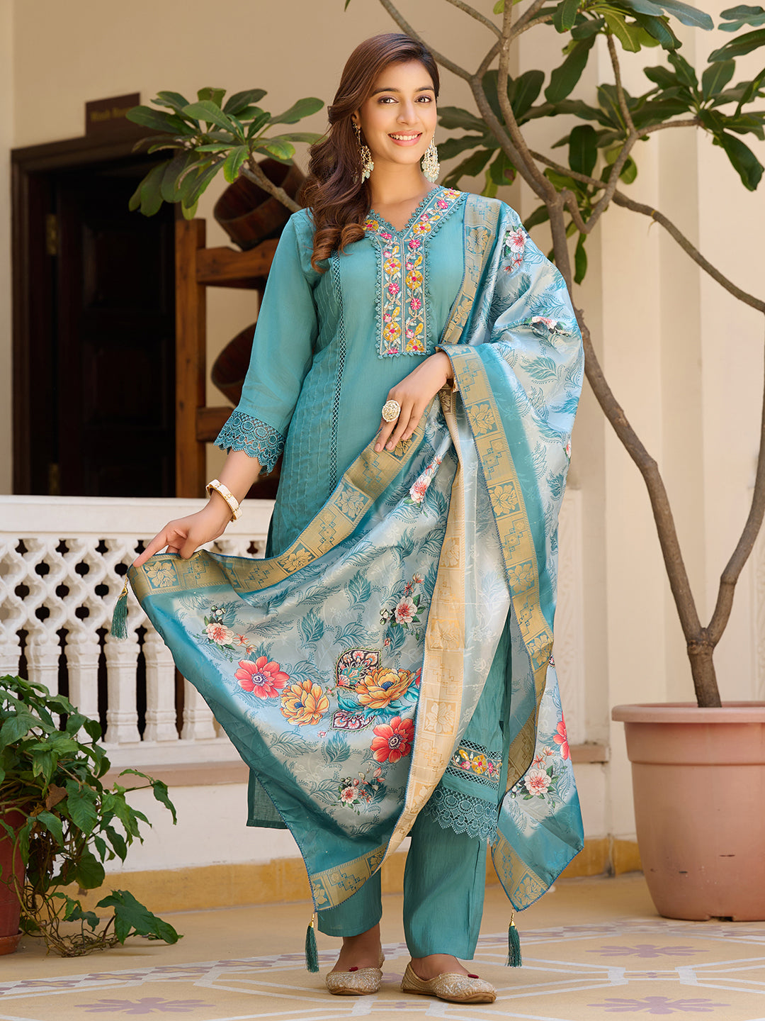 Embroidered Kurta With Pant & Embroidered Dupatta, Blue - Hiral Fashion