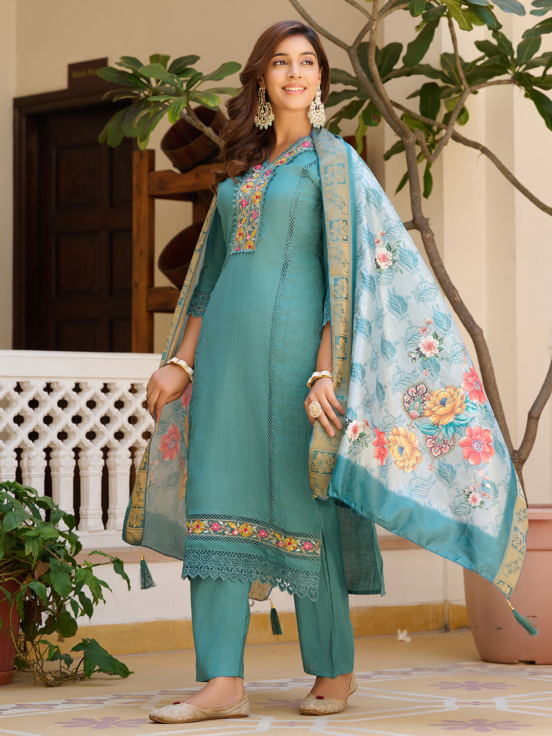 Embroidered Kurta With Pant & Embroidered Dupatta, Blue - Hiral Fashion