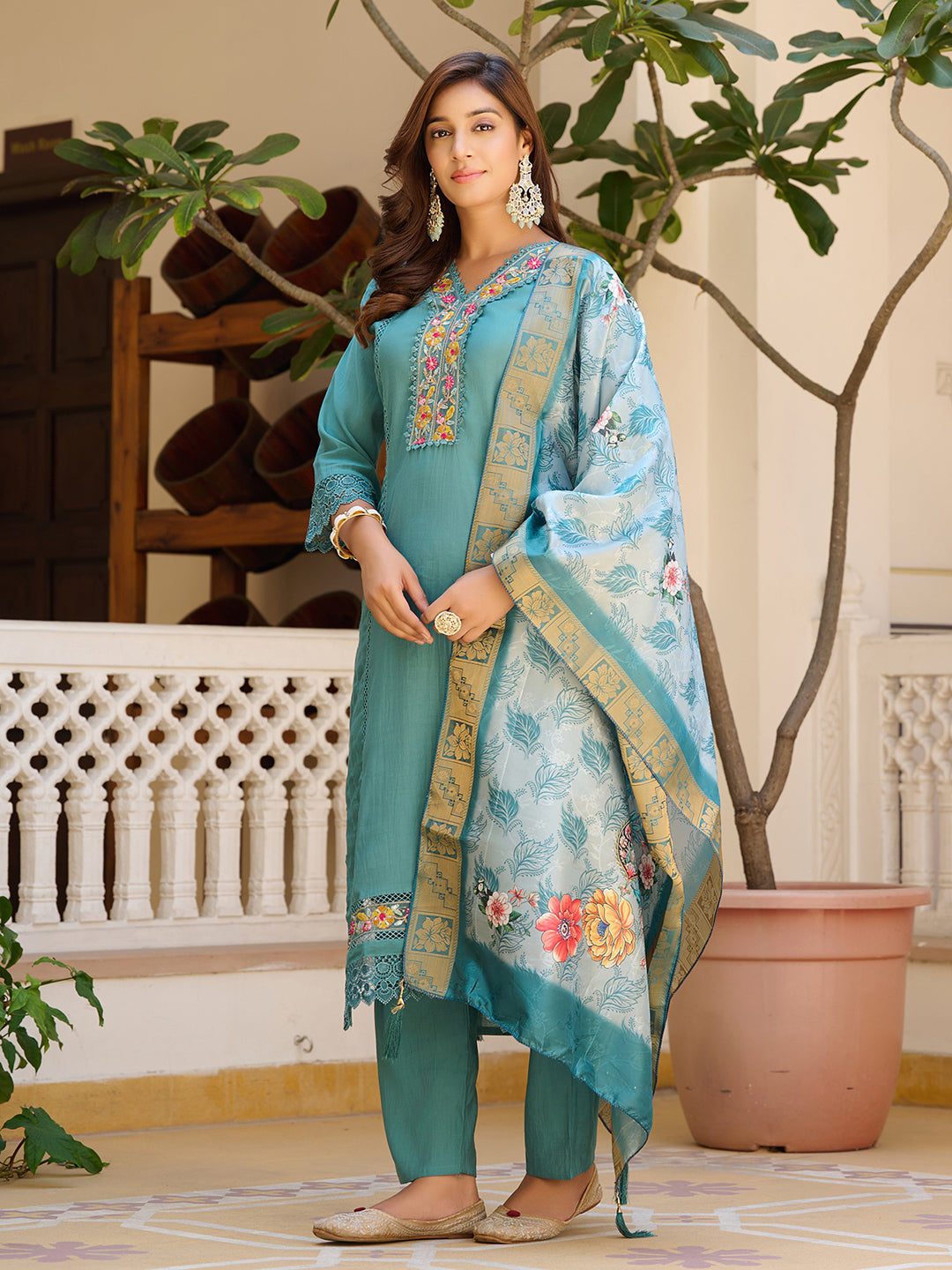 Embroidered Kurta With Pant & Embroidered Dupatta, Blue - Hiral Fashion