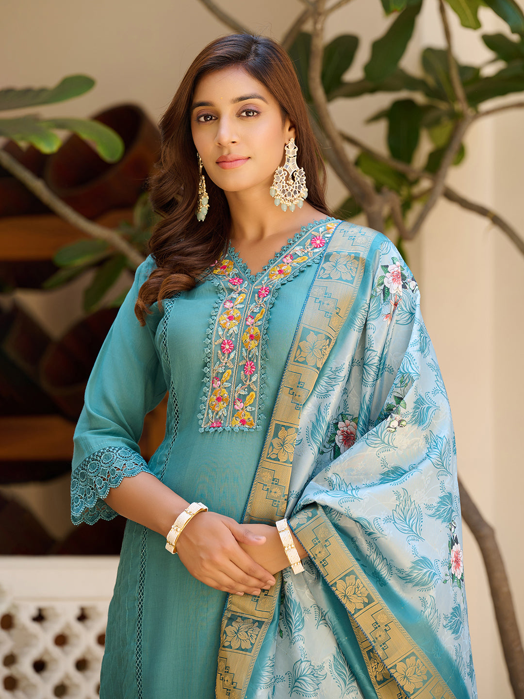 Embroidered Kurta With Pant & Embroidered Dupatta, Blue - Hiral Fashion
