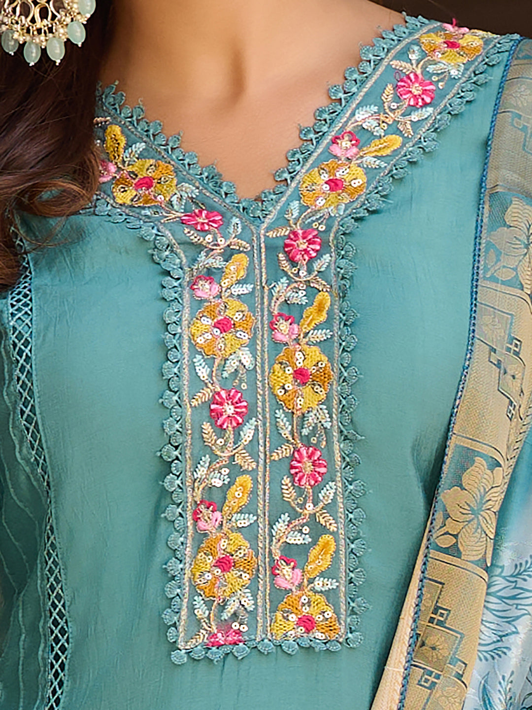 Embroidered Kurta With Pant & Embroidered Dupatta, Blue - Hiral Fashion