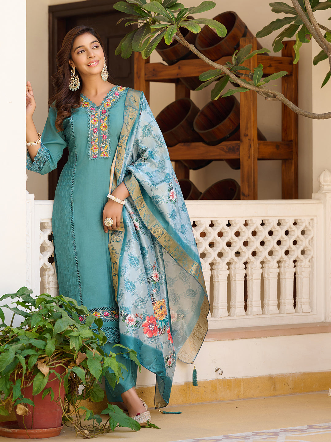 Embroidered Kurta With Pant & Embroidered Dupatta, Blue - Hiral Fashion