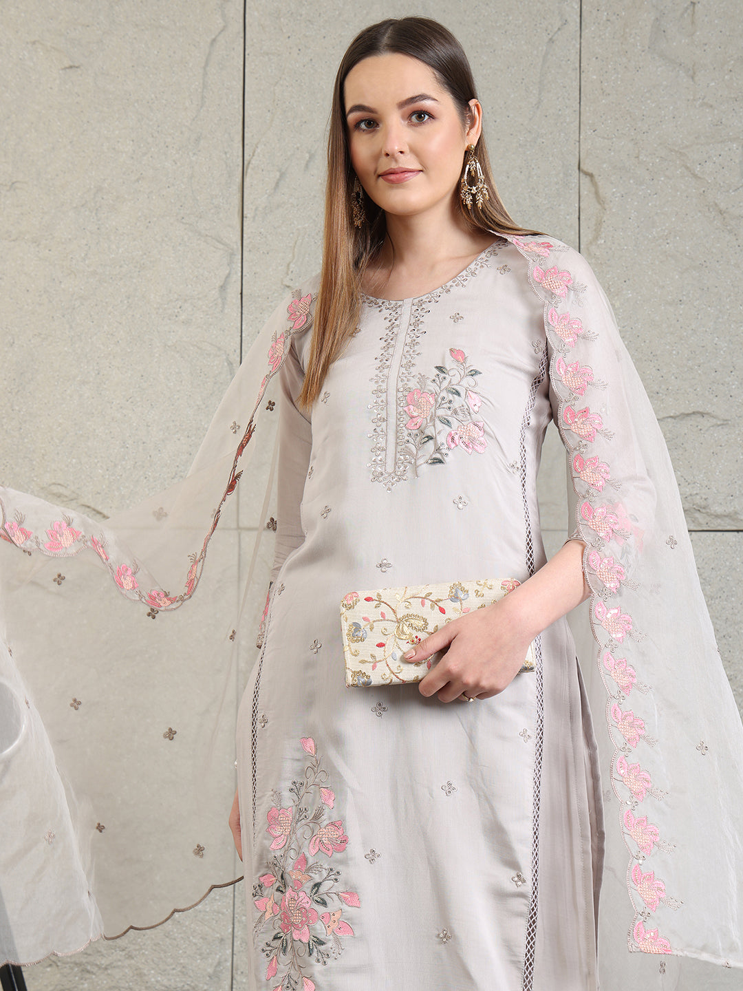 Embroidered Kurta With Pant & Organza Embroidered Dupatta, Grey - Hiral Fashion