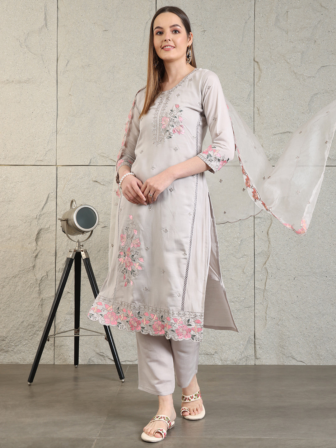 Embroidered Kurta With Pant & Organza Embroidered Dupatta, Grey - Hiral Fashion