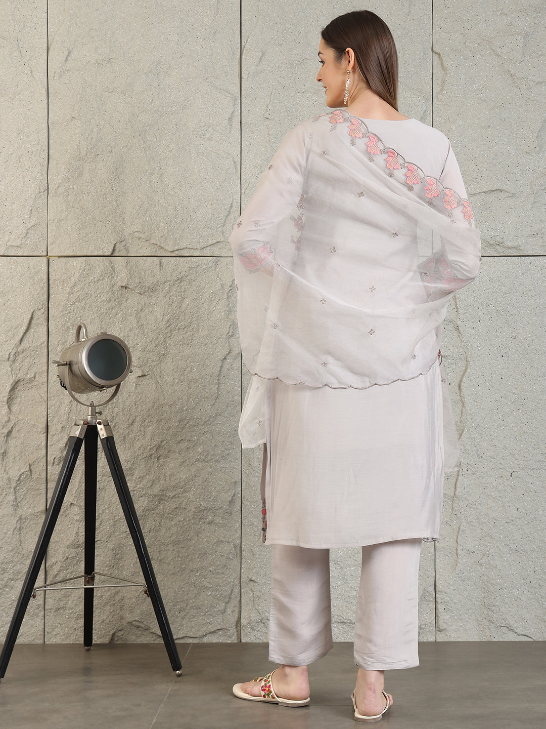 Embroidered Kurta With Pant & Organza Embroidered Dupatta, Grey - Hiral Fashion