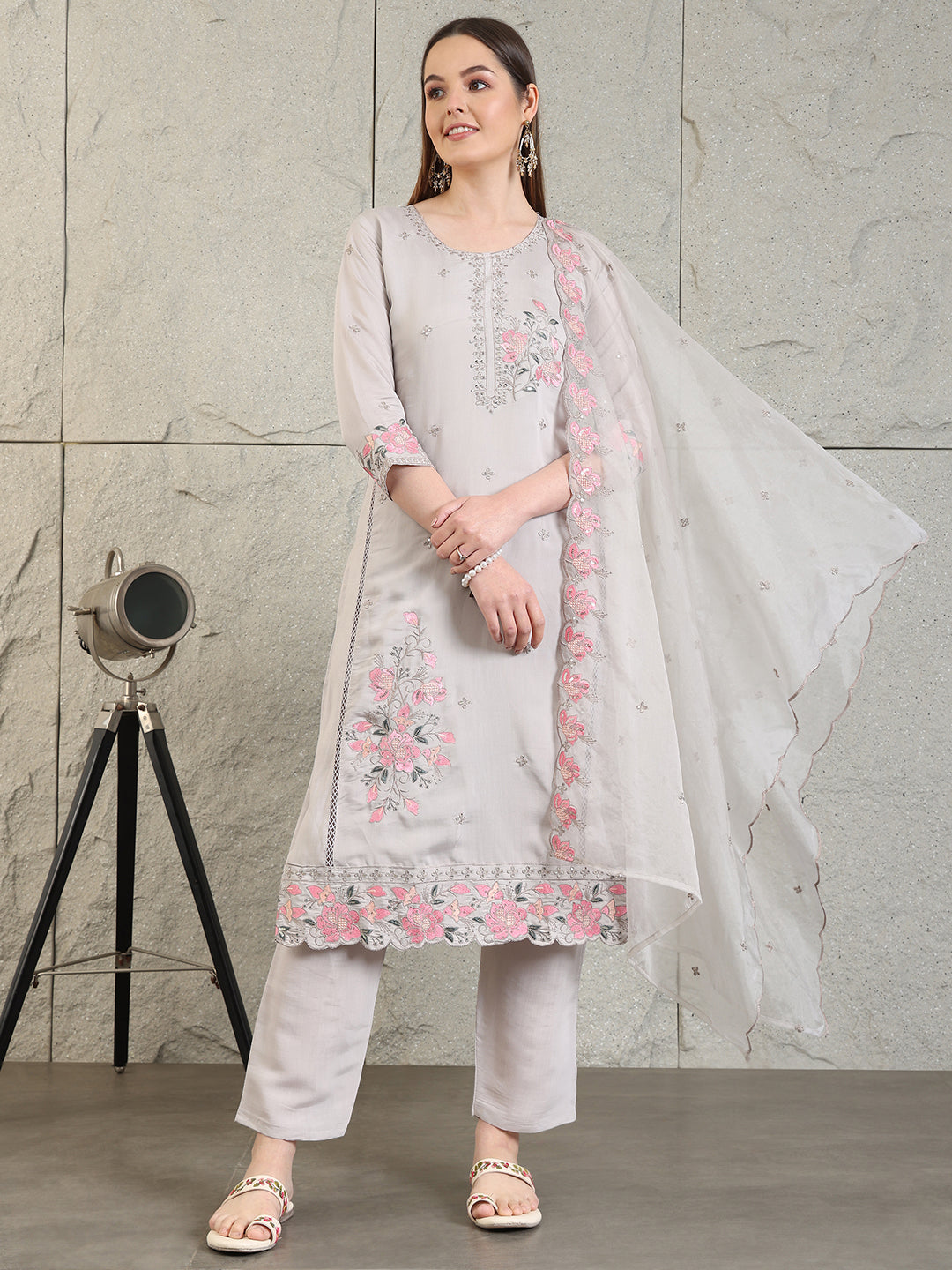 Embroidered Kurta With Pant & Organza Embroidered Dupatta, Grey - Hiral Fashion