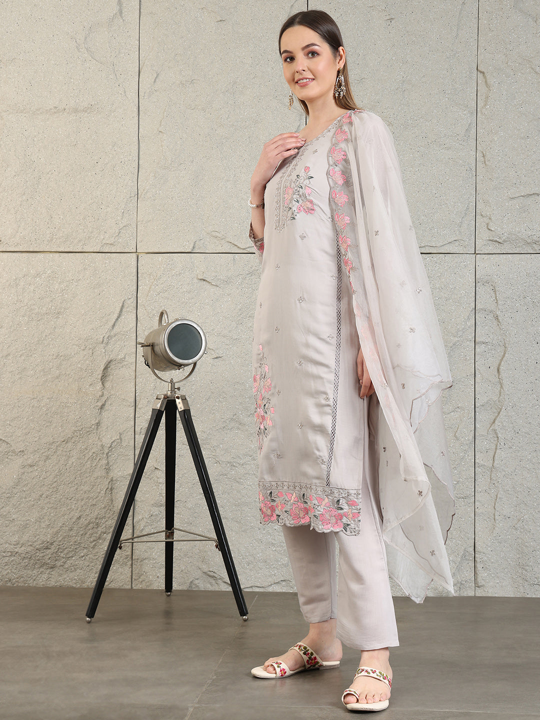 Embroidered Kurta With Pant & Organza Embroidered Dupatta, Grey - Hiral Fashion