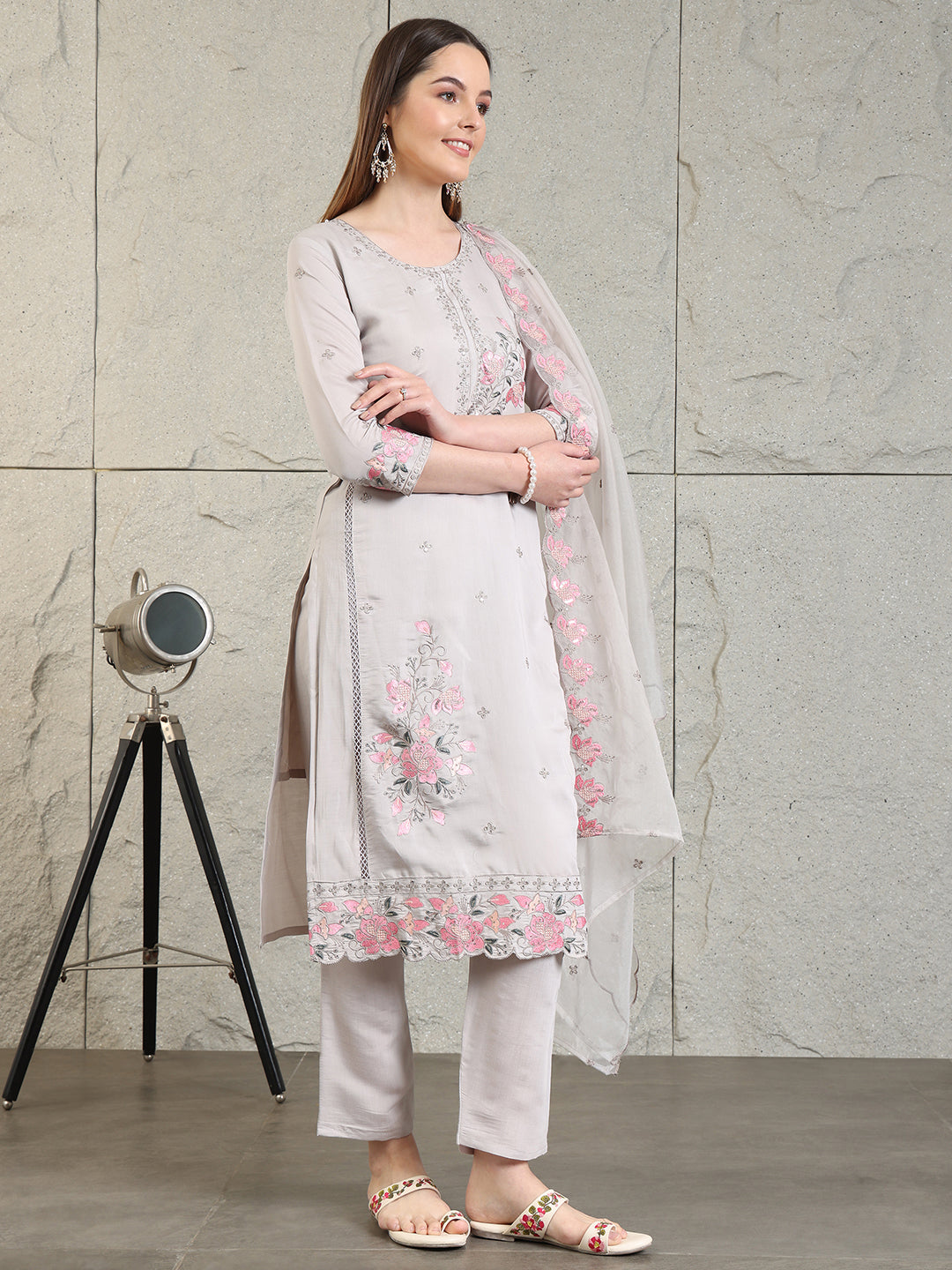Embroidered Kurta With Pant & Organza Embroidered Dupatta, Grey - Hiral Fashion