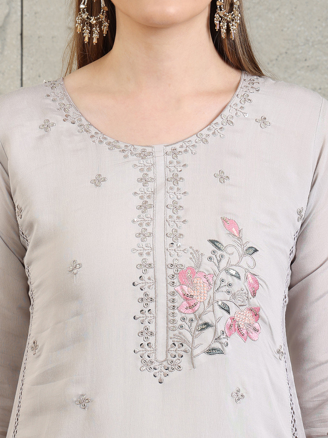 Embroidered Kurta With Pant & Organza Embroidered Dupatta, Grey - Hiral Fashion