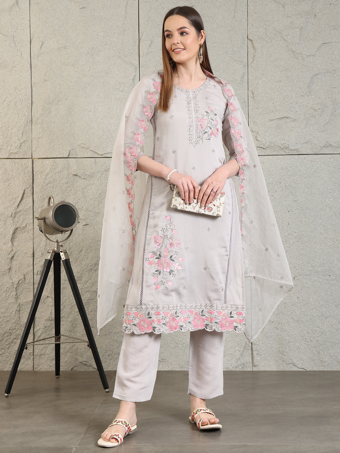 Embroidered Kurta With Pant & Organza Embroidered Dupatta, Grey - Hiral Fashion