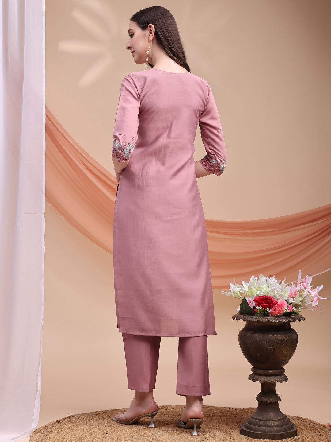 Embroidered Kurta With Pant & Organza Embroidered Dupatta, Pink - Hiral Fashion