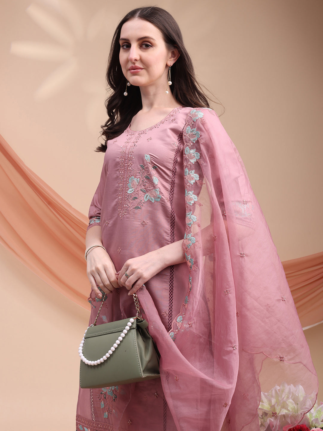Embroidered Kurta With Pant & Organza Embroidered Dupatta, Pink - Hiral Fashion