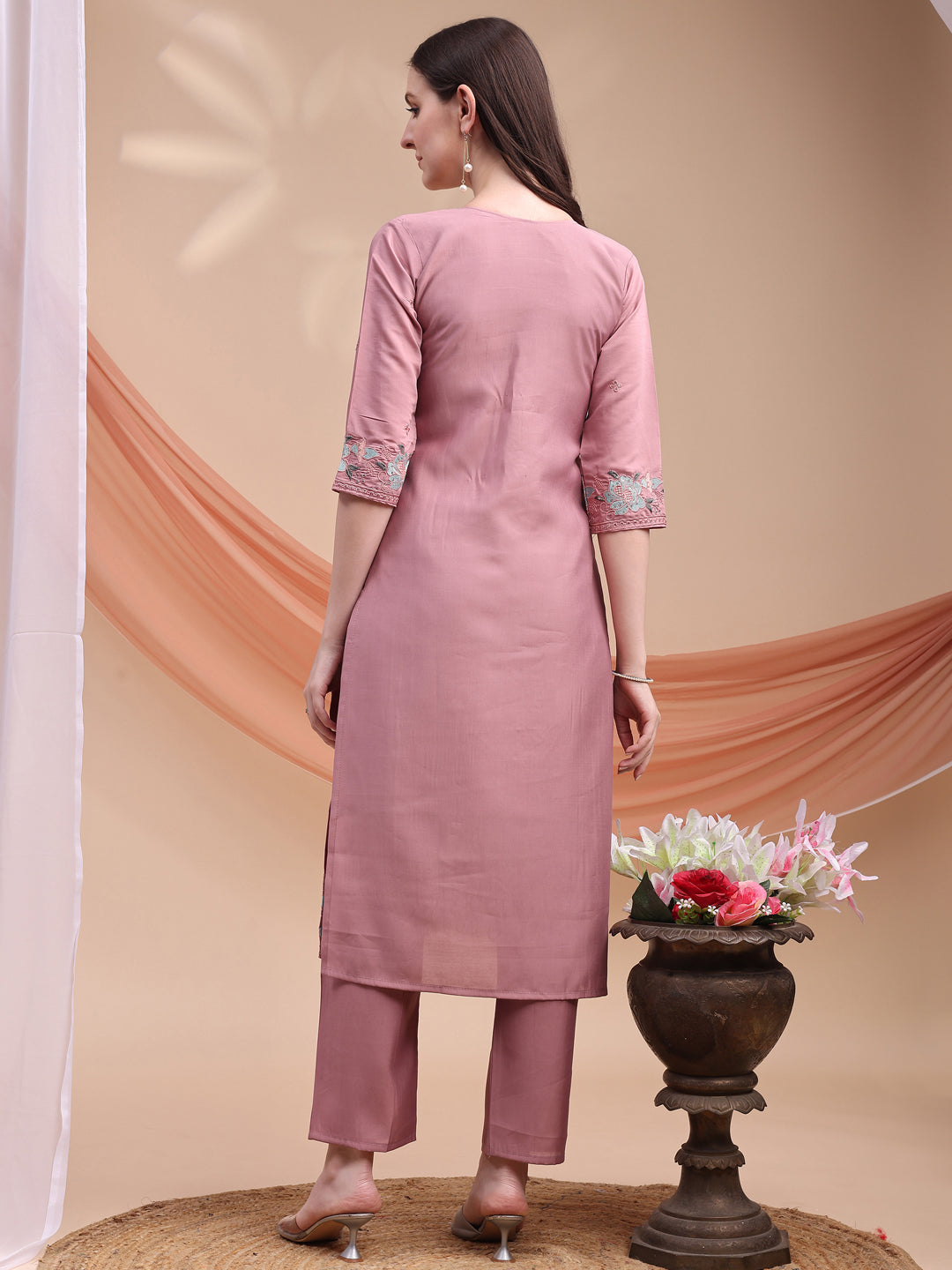 Embroidered Kurta With Pant & Organza Embroidered Dupatta, Pink - Hiral Fashion
