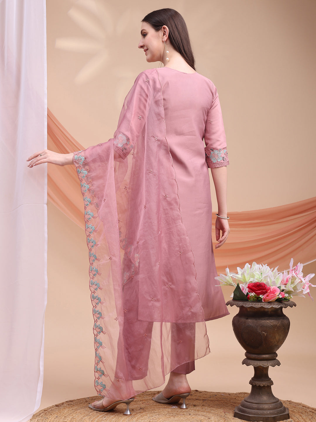 Embroidered Kurta With Pant & Organza Embroidered Dupatta, Pink - Hiral Fashion