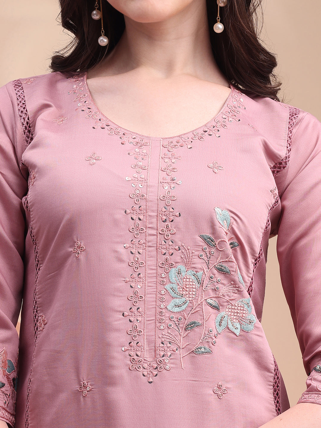 Embroidered Kurta With Pant & Organza Embroidered Dupatta, Pink - Hiral Fashion