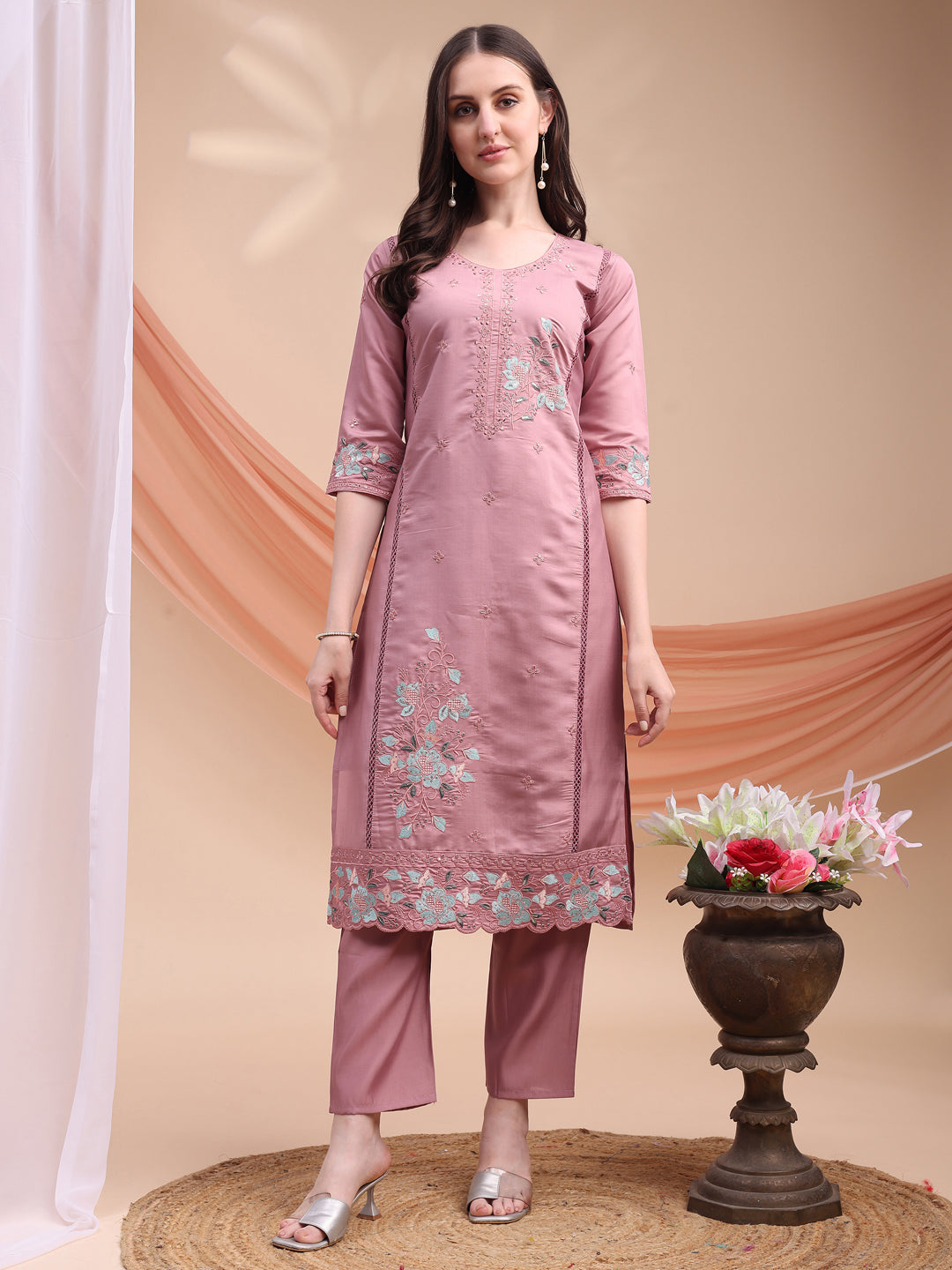 Embroidered Kurta With Pant & Organza Embroidered Dupatta, Pink - Hiral Fashion