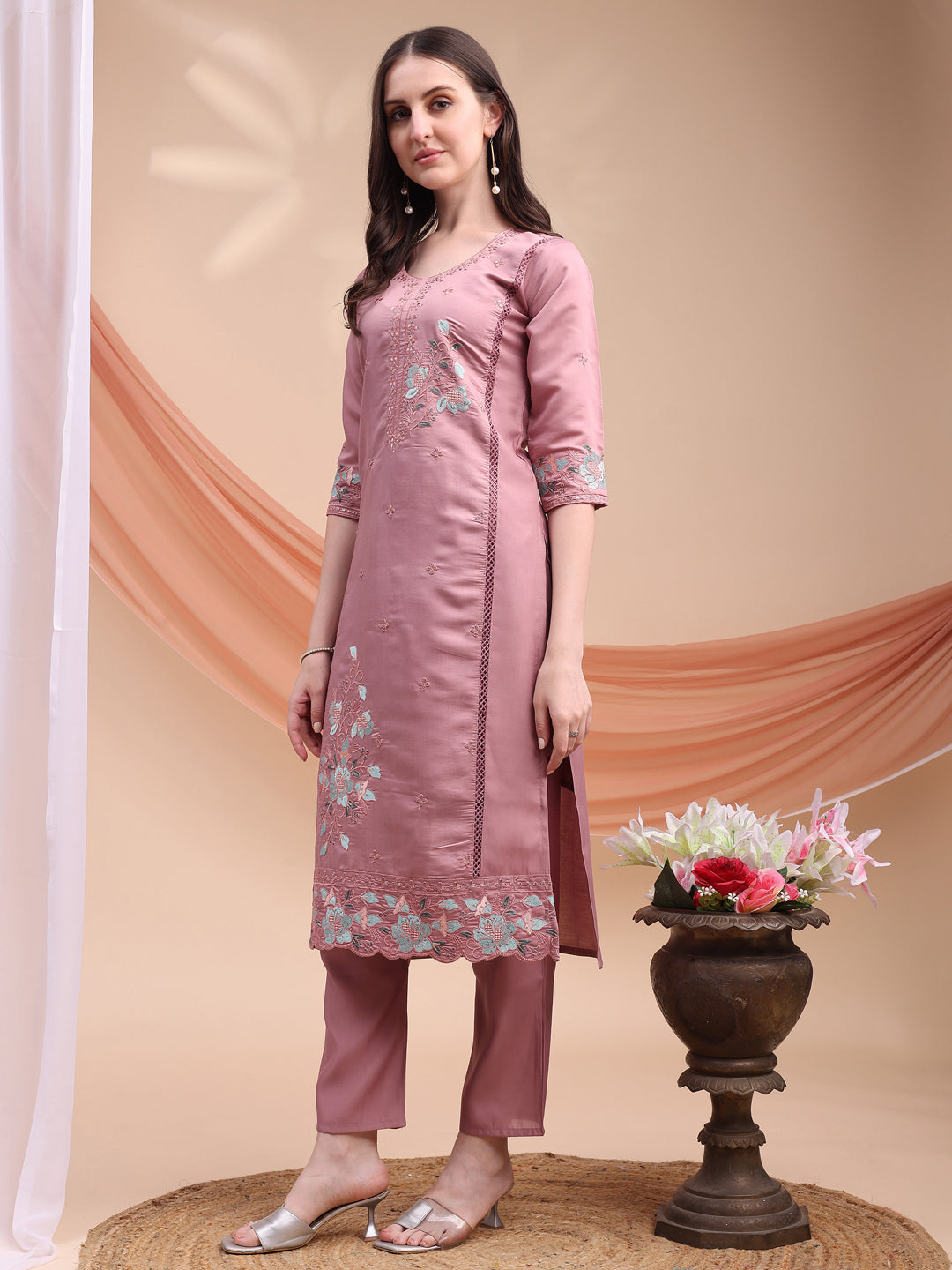 Embroidered Kurta With Pant & Organza Embroidered Dupatta, Pink - Hiral Fashion