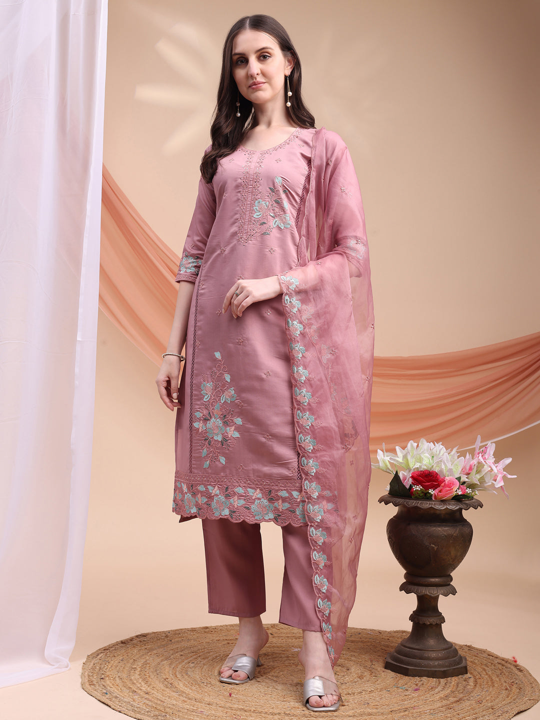 Embroidered Kurta With Pant & Organza Embroidered Dupatta, Pink - Hiral Fashion