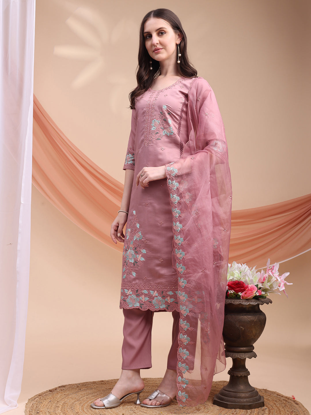 Embroidered Kurta With Pant & Organza Embroidered Dupatta, Pink - Hiral Fashion