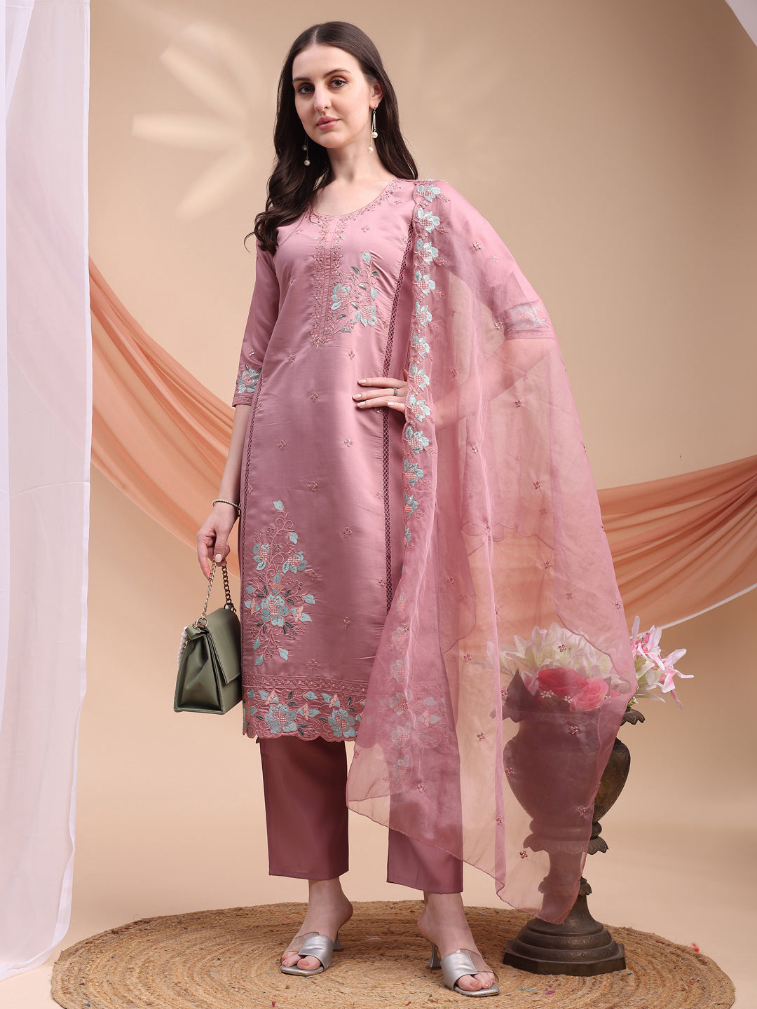 Embroidered Kurta With Pant & Organza Embroidered Dupatta, Pink - Hiral Fashion