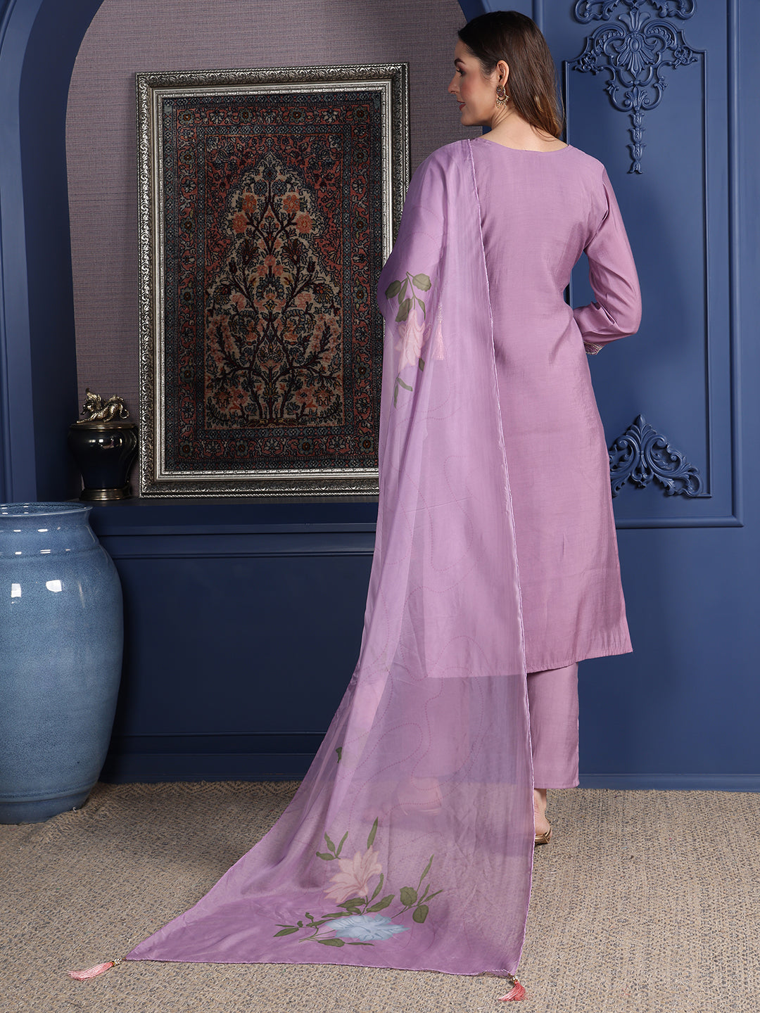 Placement Embroidered Kurta With Pant & Organza Printed Dupatta, Lavender - Hiral Fashion