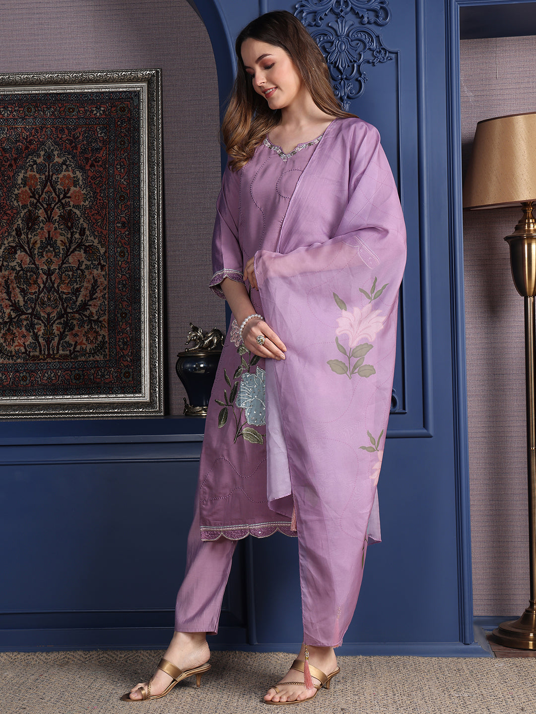 Placement Embroidered Kurta With Pant & Organza Printed Dupatta, Lavender - Hiral Fashion