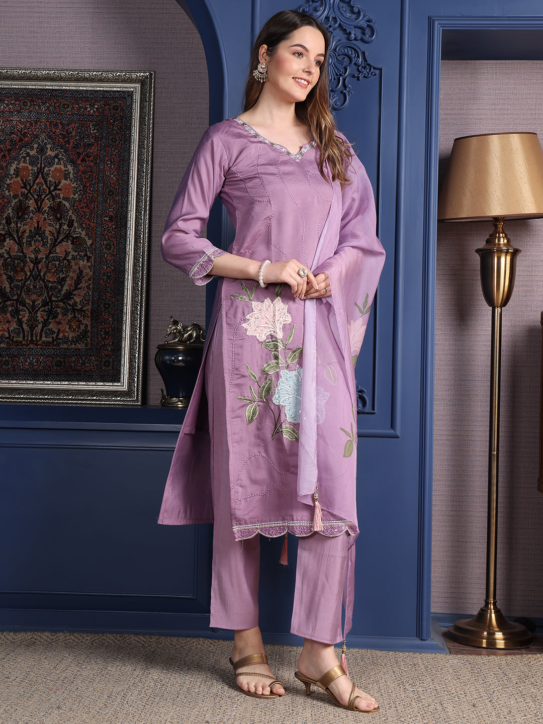 Placement Embroidered Kurta With Pant & Organza Printed Dupatta, Lavender - Hiral Fashion