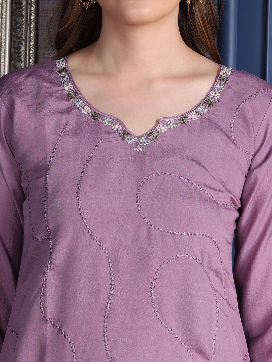 Placement Embroidered Kurta With Pant & Organza Printed Dupatta, Lavender - Hiral Fashion