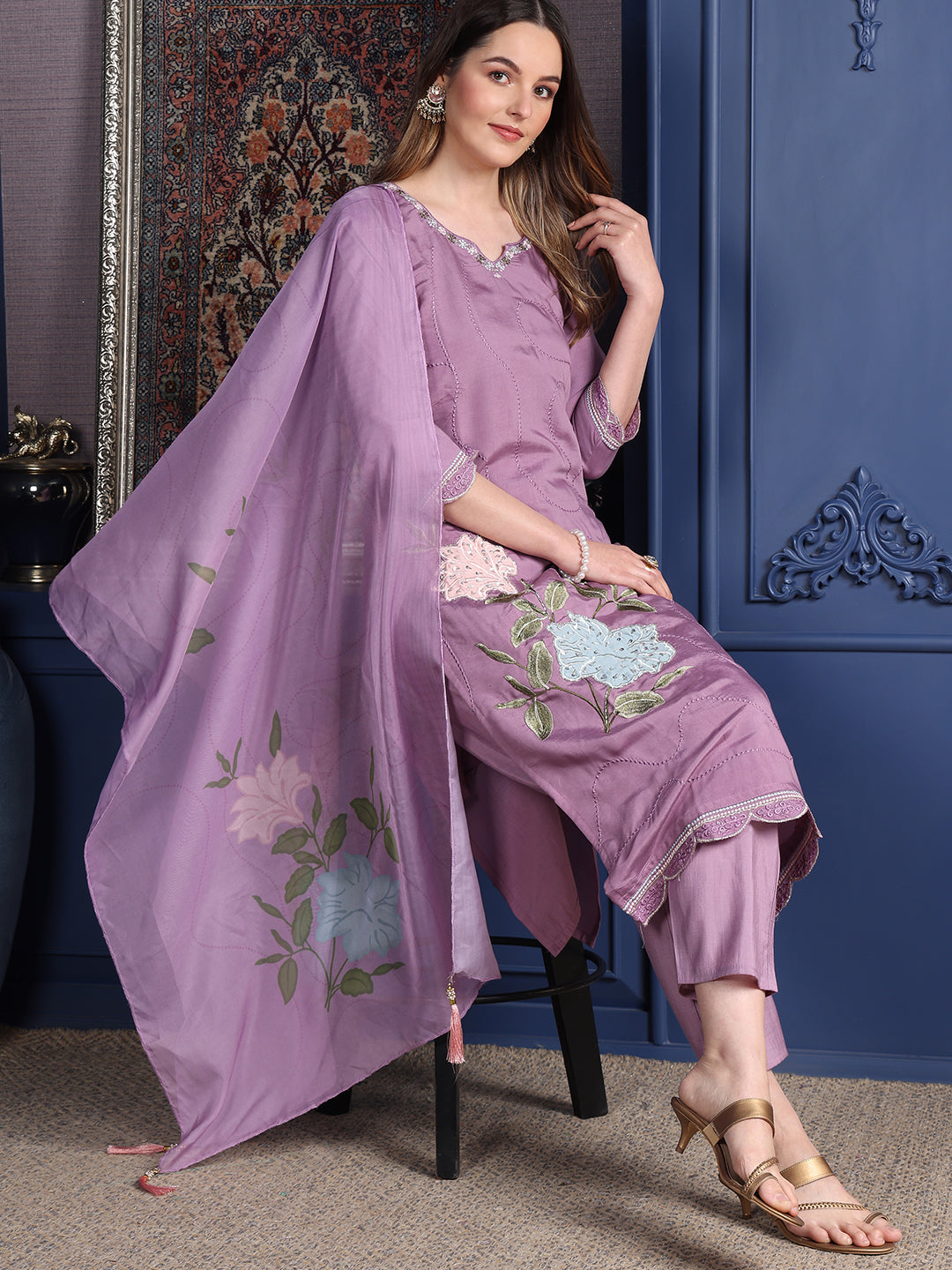 Placement Embroidered Kurta With Pant & Organza Printed Dupatta, Lavender - Hiral Fashion