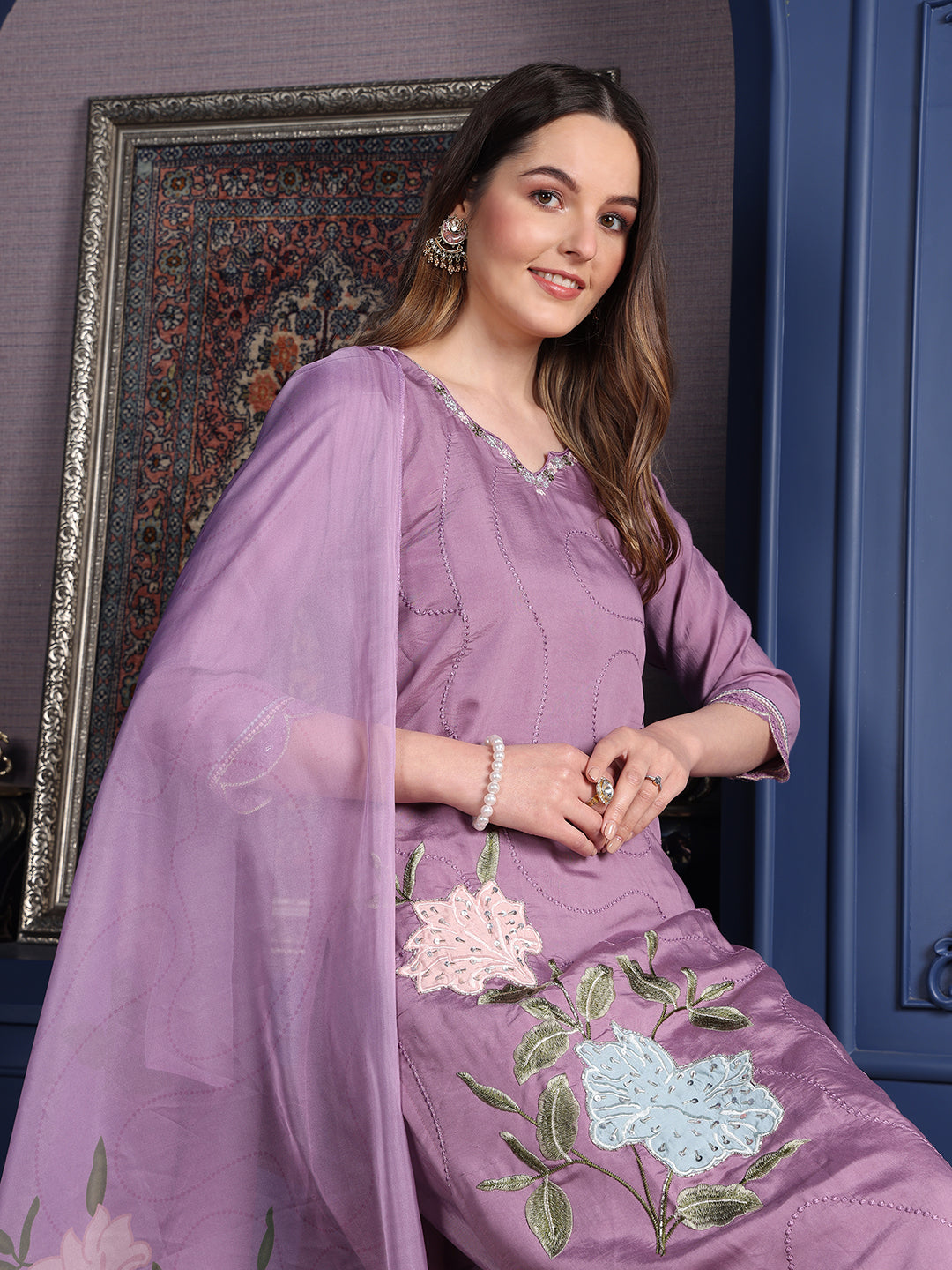 Placement Embroidered Kurta With Pant & Organza Printed Dupatta, Lavender - Hiral Fashion