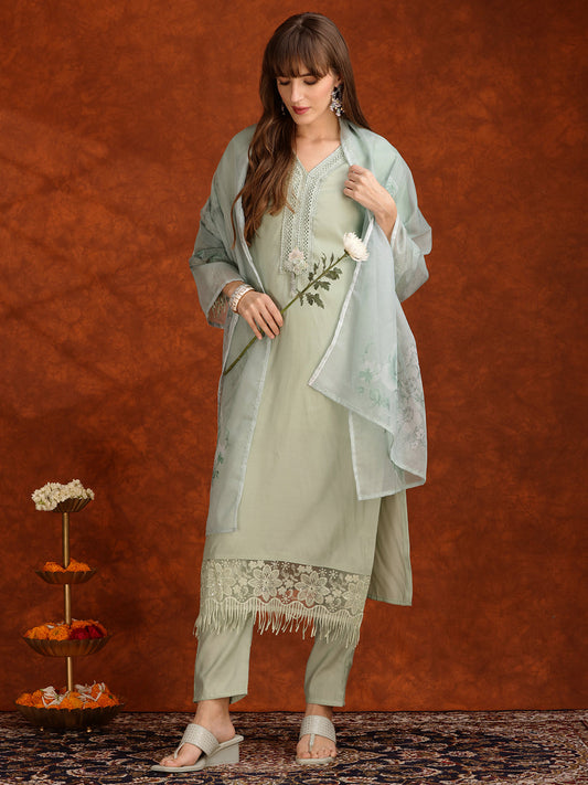 Artificial Flower & Lace Detailing Kurta With Pant & Dupatta, Green - Hiral Fashion