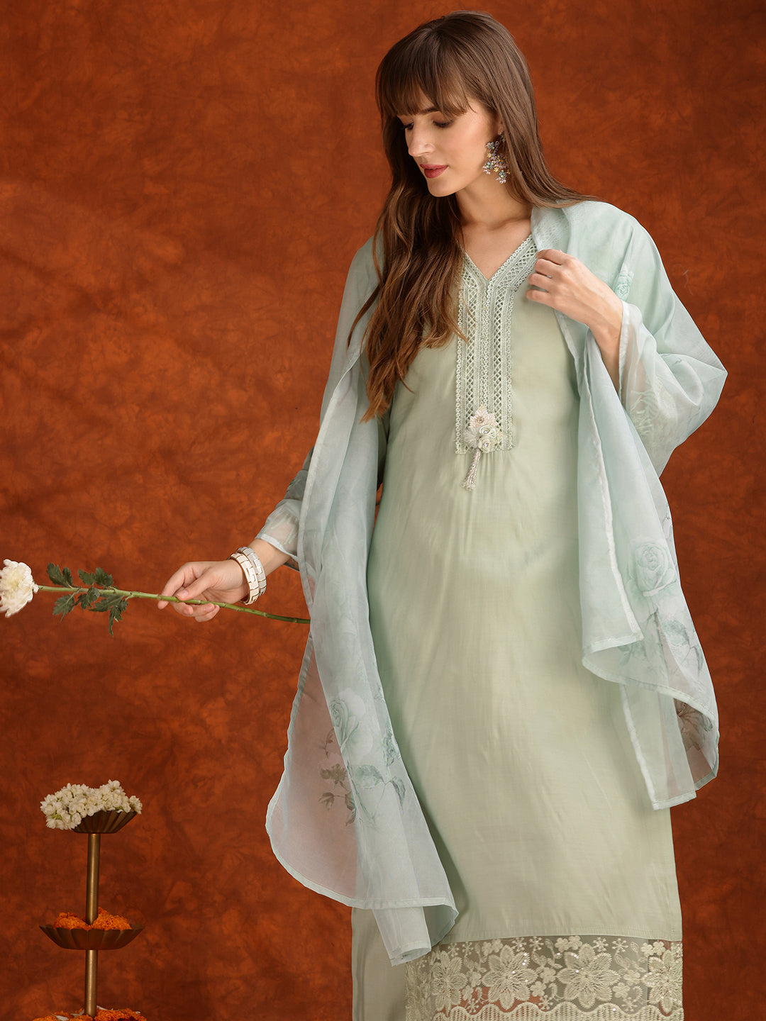 Artificial Flower & Lace Detailing Kurta With Pant & Dupatta, Green - Hiral Fashion