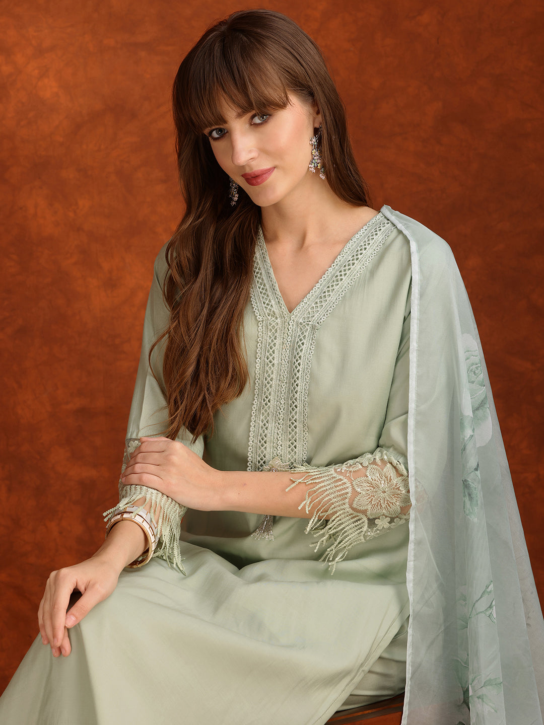 Artificial Flower & Lace Detailing Kurta With Pant & Dupatta, Green - Hiral Fashion