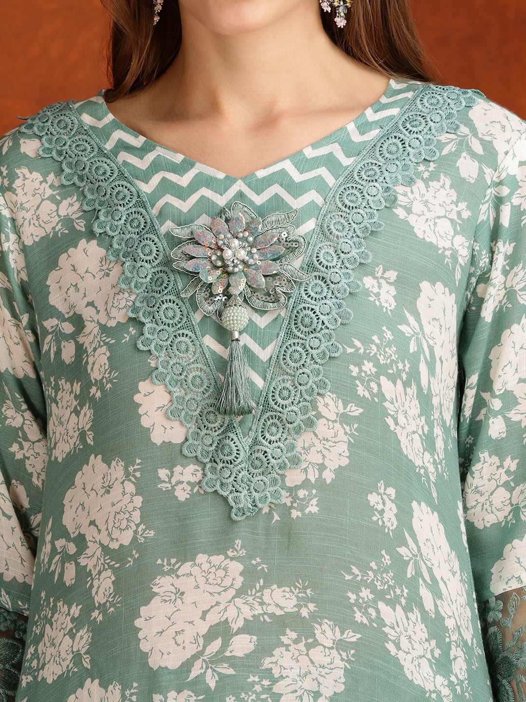 Flower Embellished And Printed Kurta With Pant & Dupatta, Green - Hiral Fashion