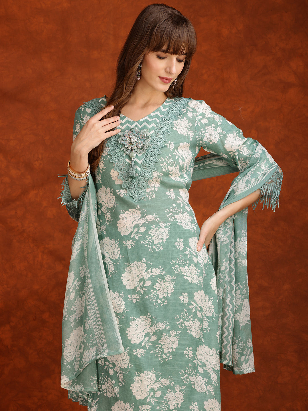 Flower Embellished And Printed Kurta With Pant & Dupatta, Green - Hiral Fashion