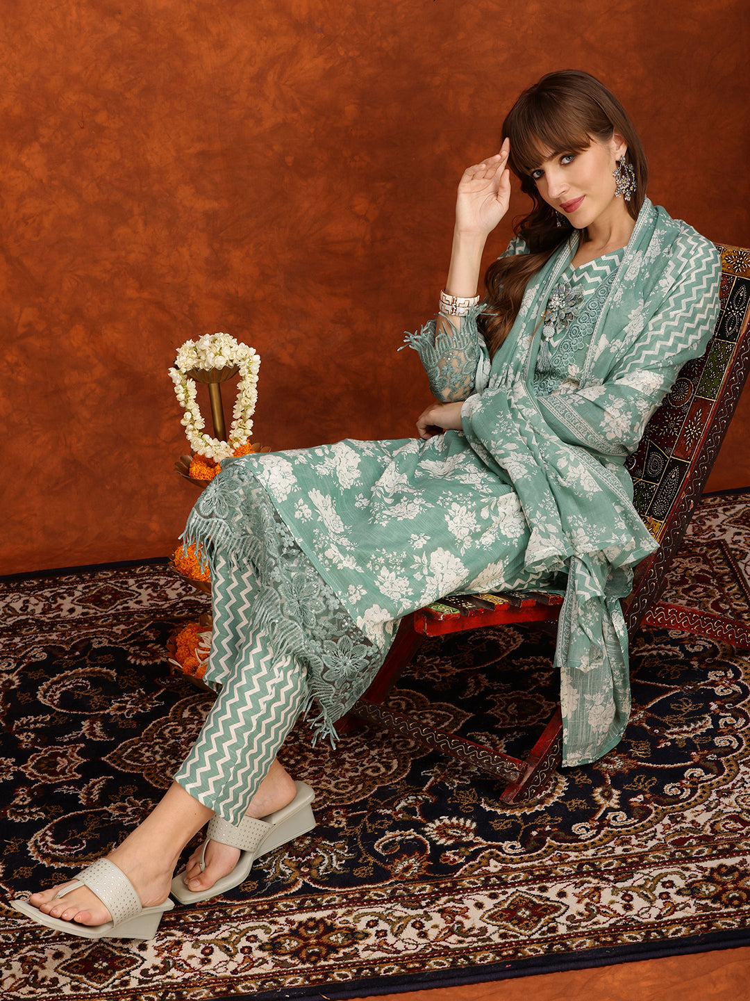 Flower Embellished And Printed Kurta With Pant & Dupatta, Green - Hiral Fashion