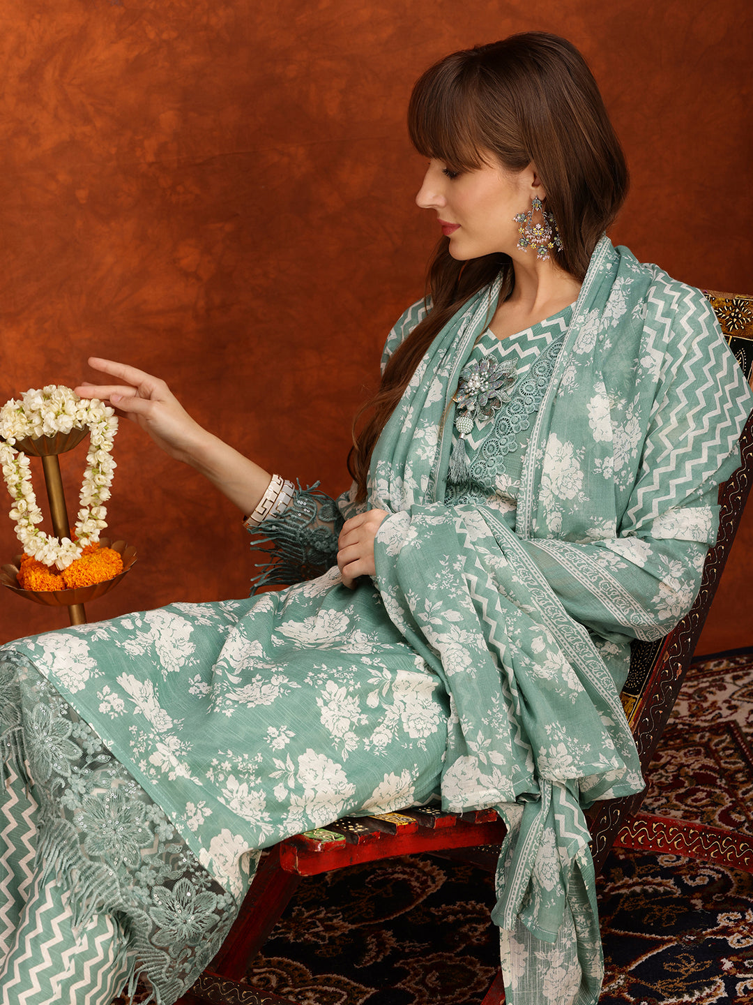 Flower Embellished And Printed Kurta With Pant & Dupatta, Green - Hiral Fashion