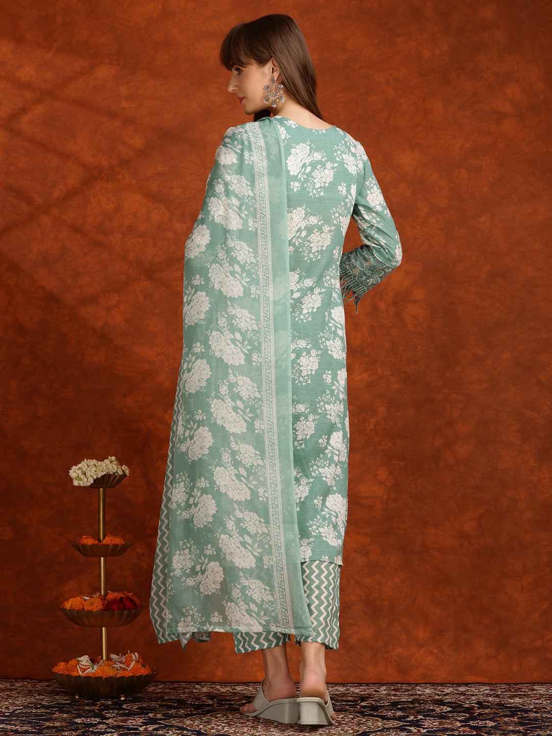 Flower Embellished And Printed Kurta With Pant & Dupatta, Green - Hiral Fashion