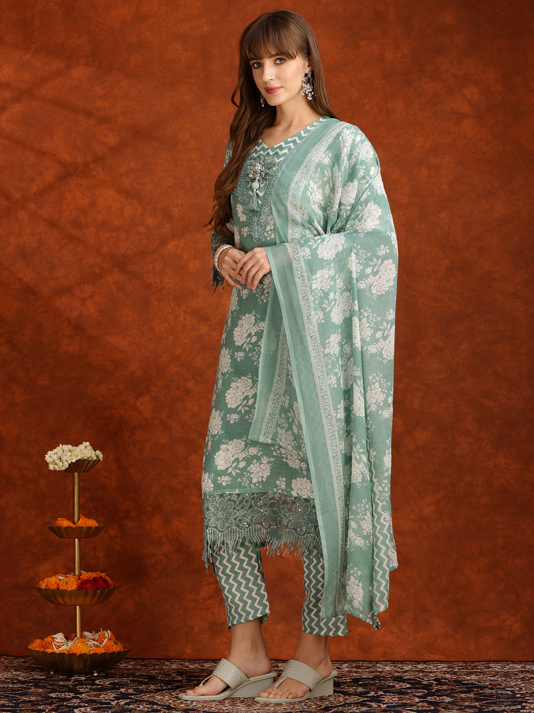 Flower Embellished And Printed Kurta With Pant & Dupatta, Green - Hiral Fashion