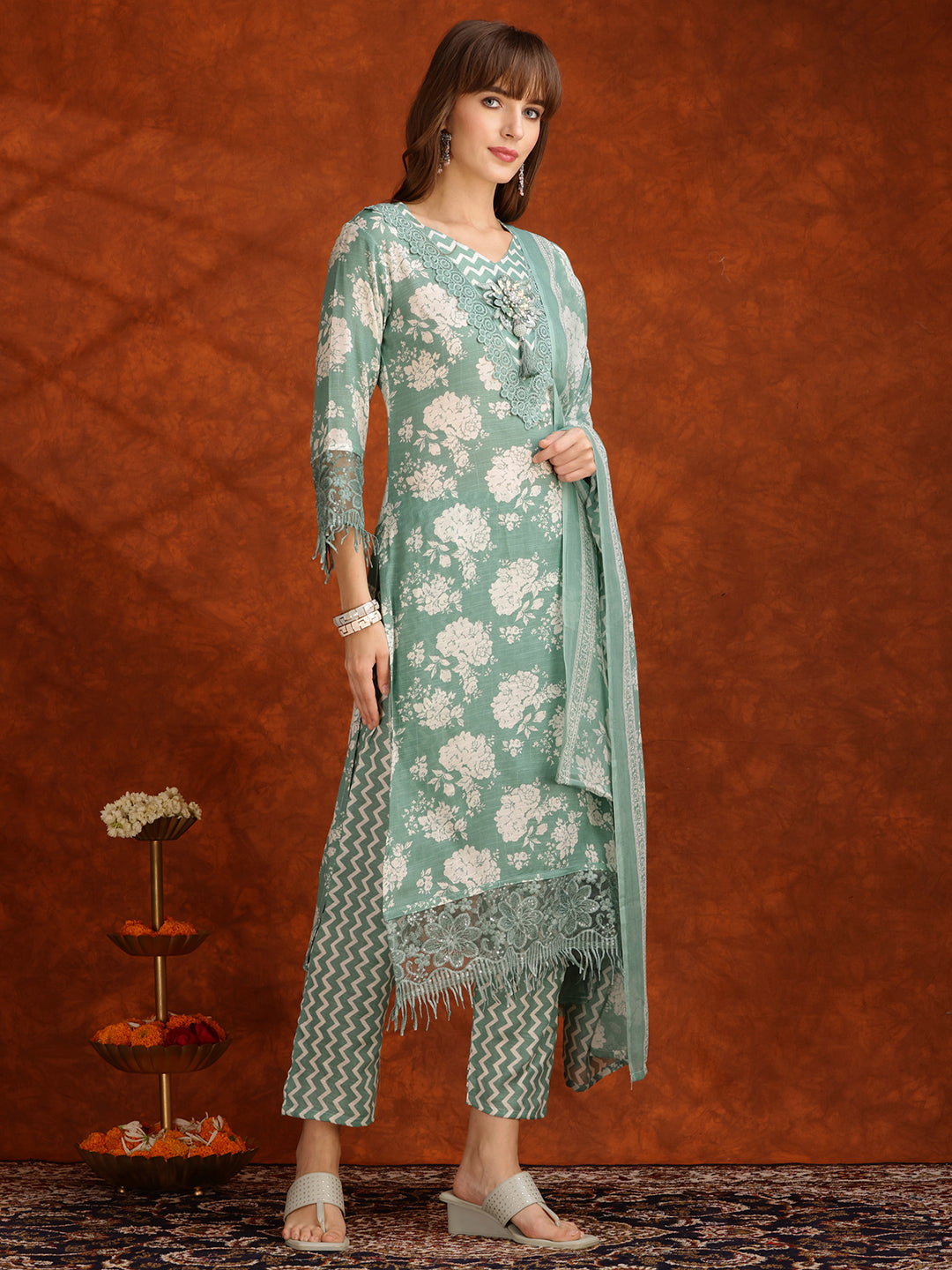 Flower Embellished And Printed Kurta With Pant & Dupatta, Green - Hiral Fashion