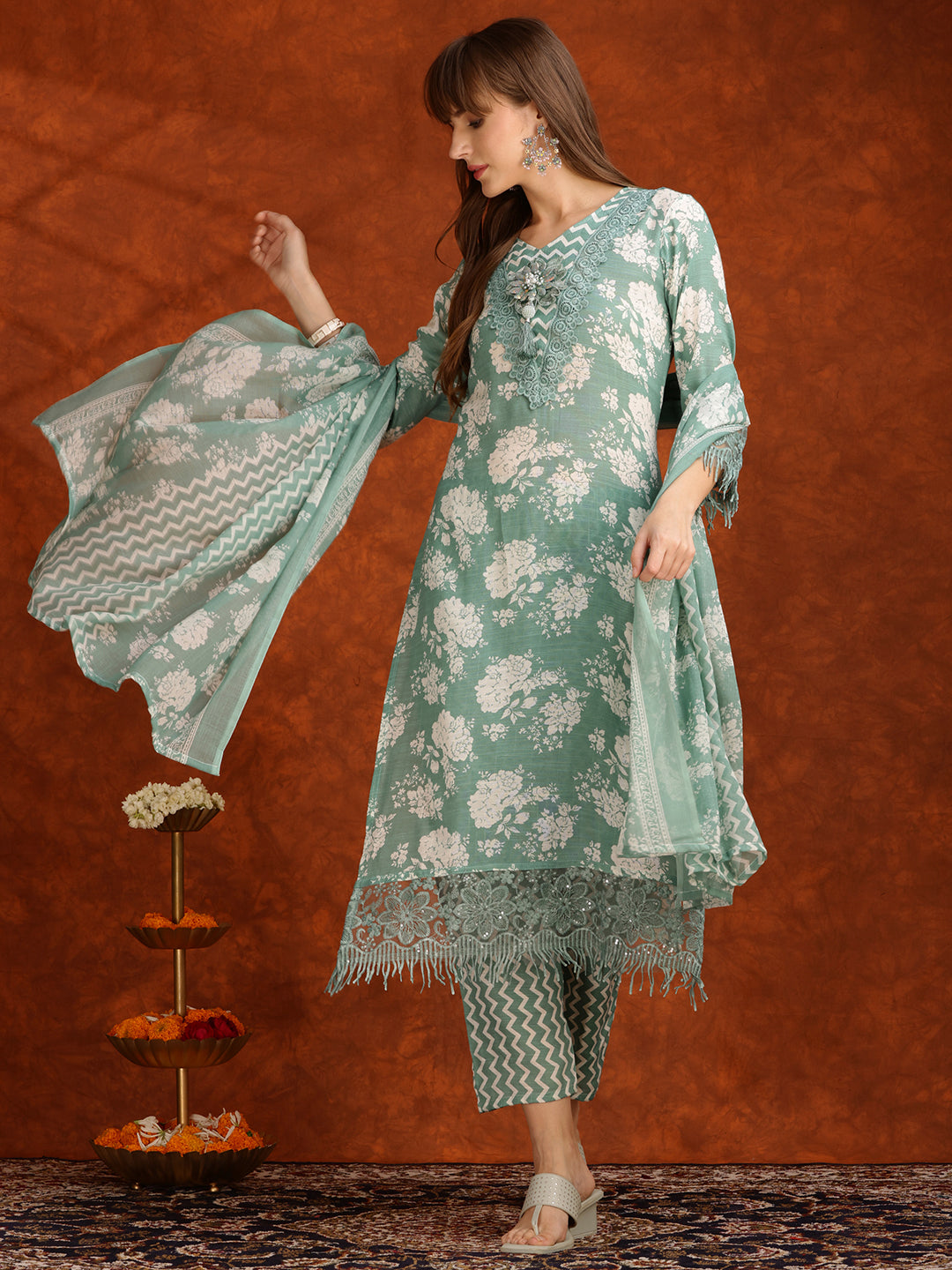 Flower Embellished And Printed Kurta With Pant & Dupatta, Green - Hiral Fashion