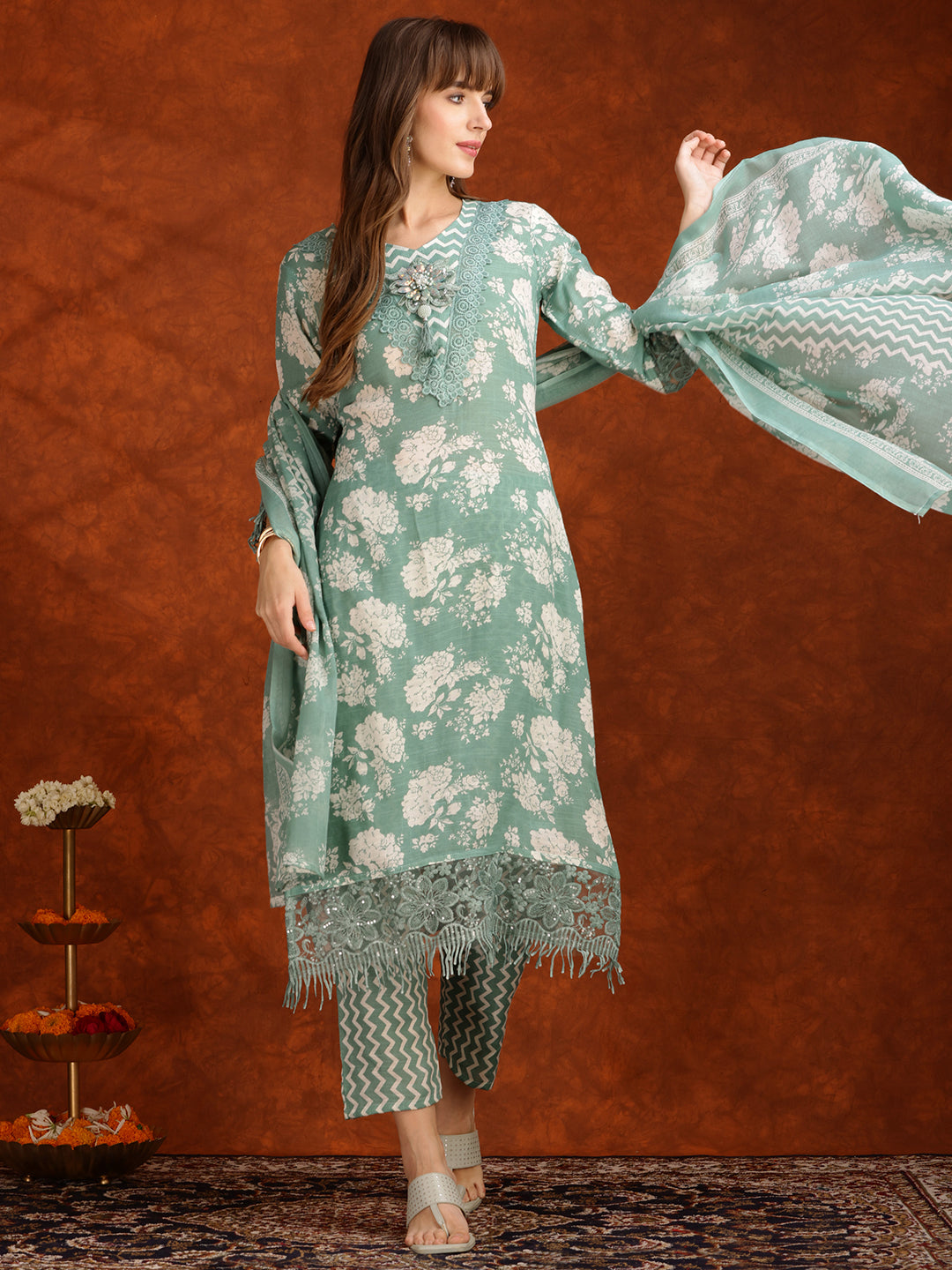 Flower Embellished And Printed Kurta With Pant & Dupatta, Green - Hiral Fashion