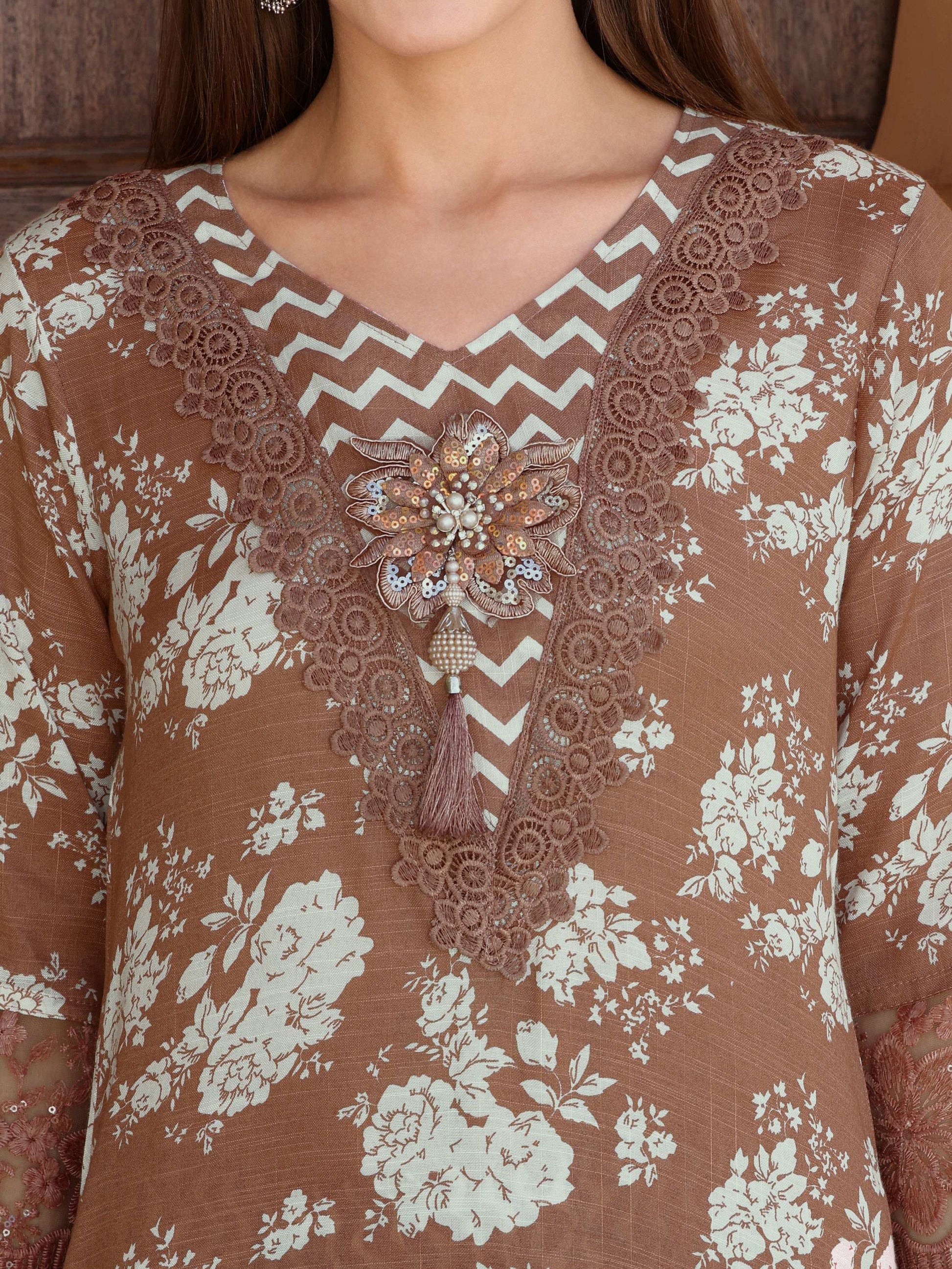 Flower Embellished And Printed Kurta With Pant & Dupatta, Brown - Hiral Fashion
