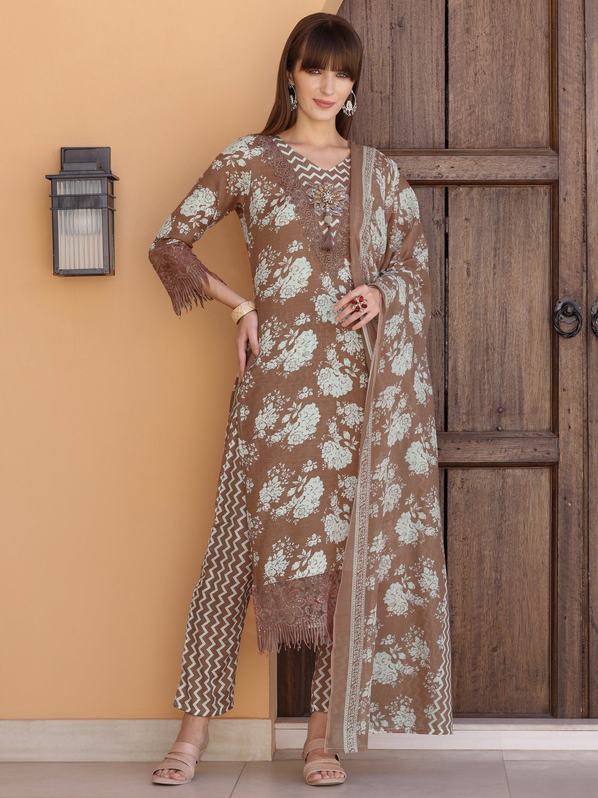 Flower Embellished And Printed Kurta With Pant & Dupatta, Brown - Hiral Fashion