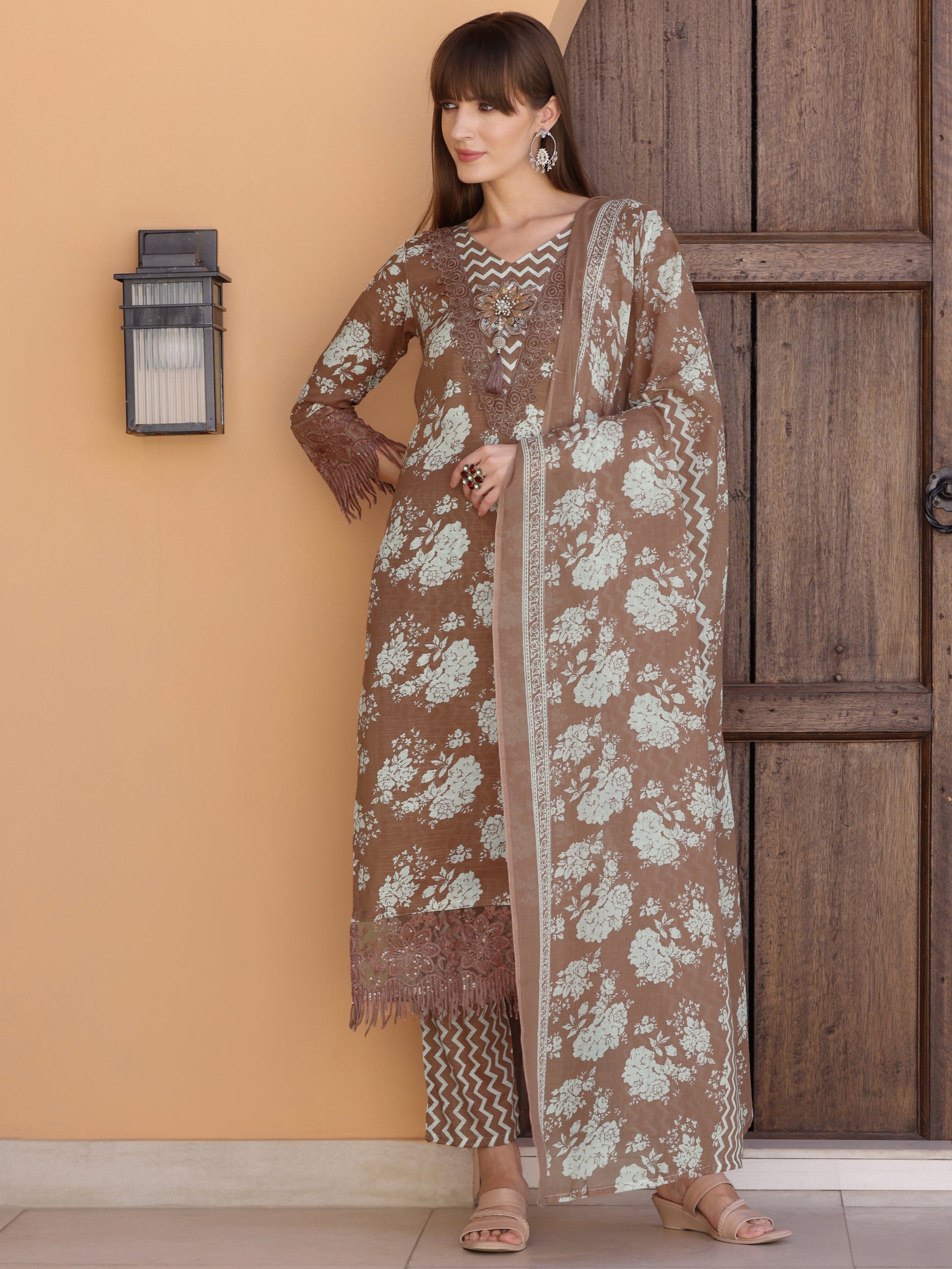 Flower Embellished And Printed Kurta With Pant & Dupatta, Brown - Hiral Fashion