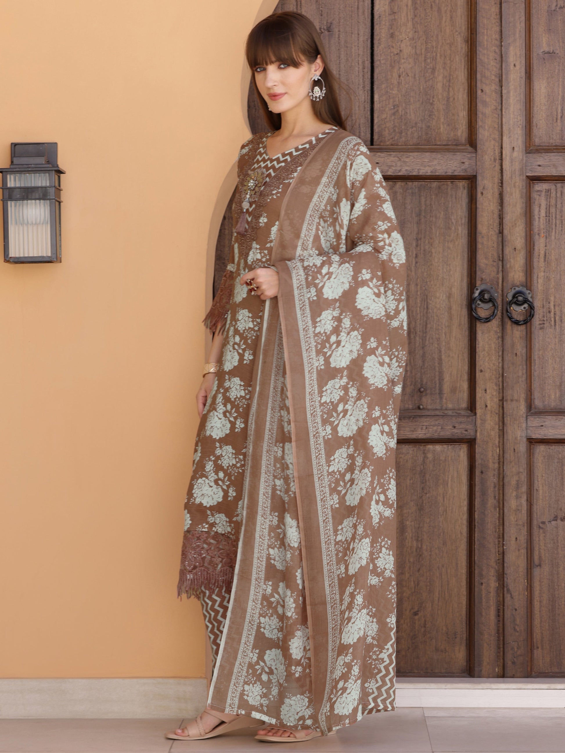 Flower Embellished And Printed Kurta With Pant & Dupatta, Brown - Hiral Fashion