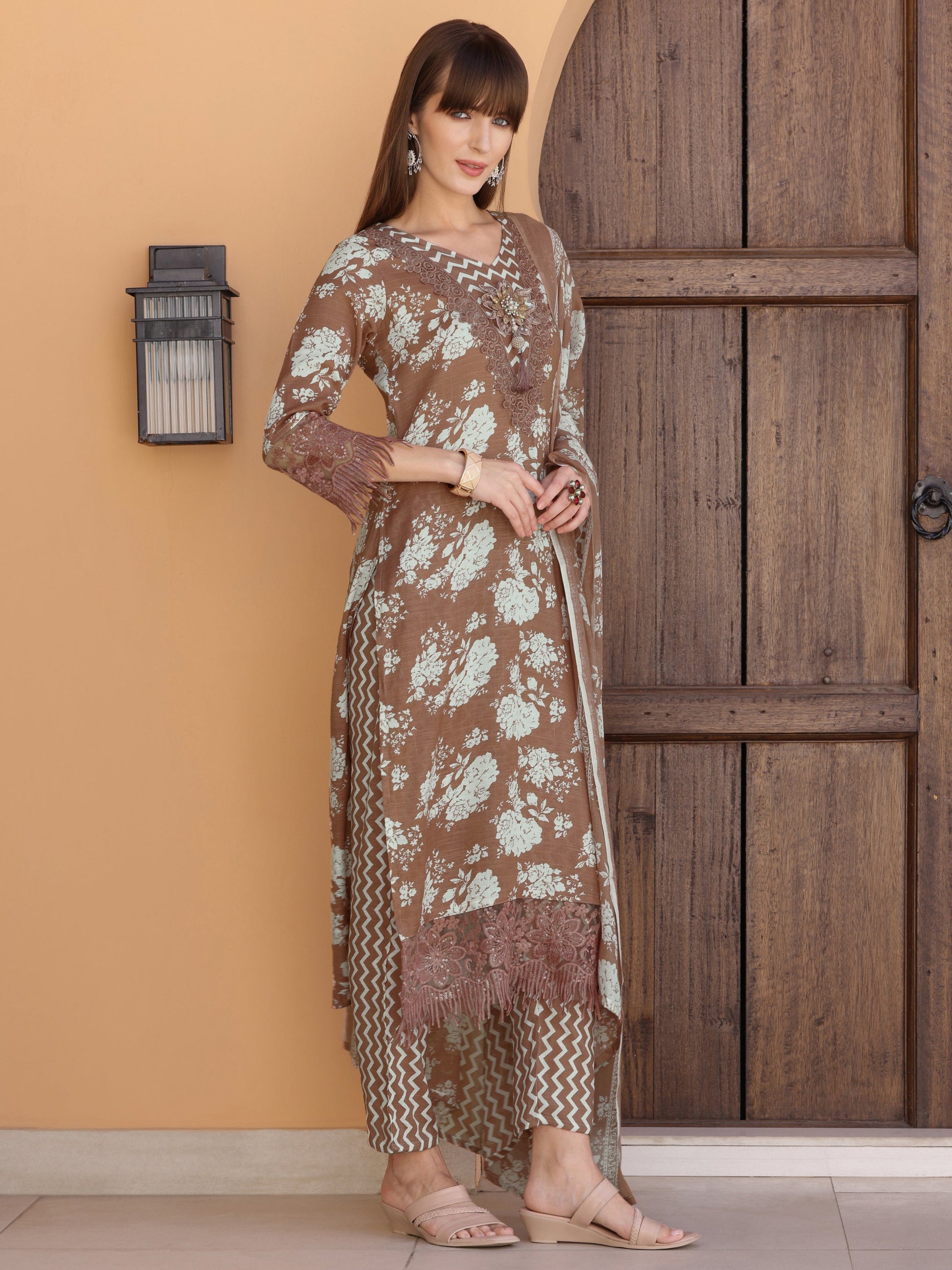 Flower Embellished And Printed Kurta With Pant & Dupatta, Brown - Hiral Fashion