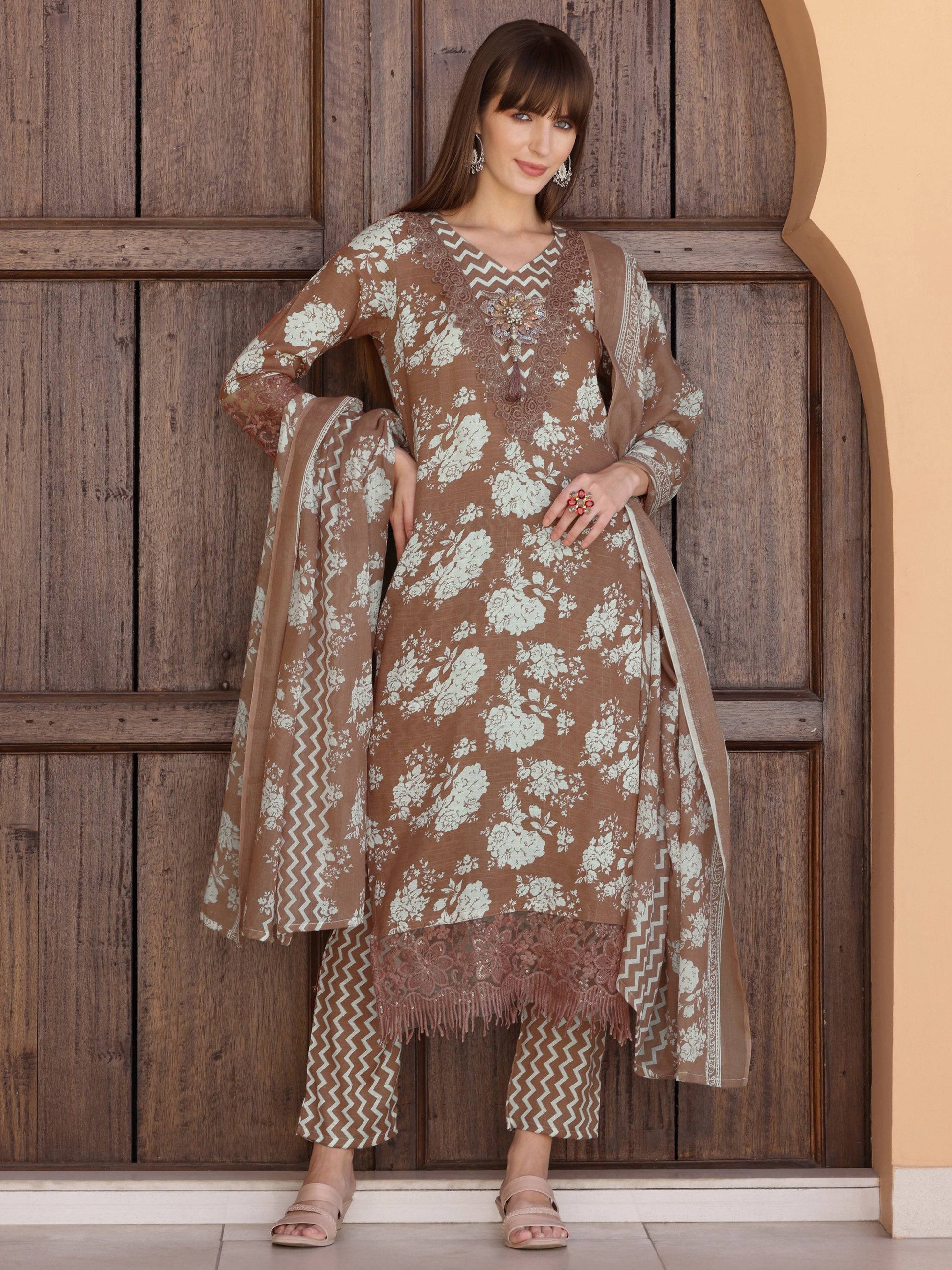 Flower Embellished And Printed Kurta With Pant & Dupatta, Brown - Hiral Fashion