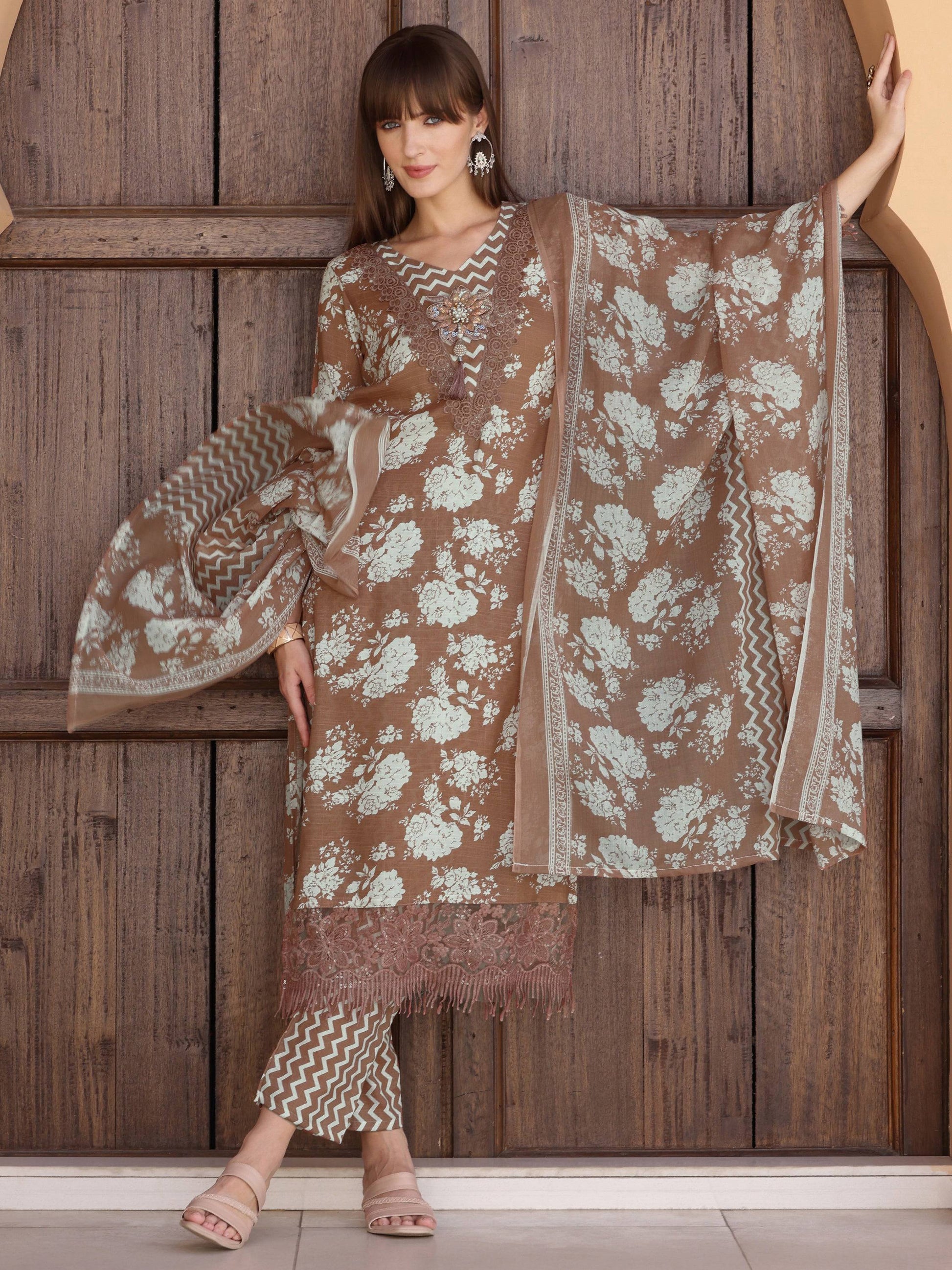 Flower Embellished And Printed Kurta With Pant & Dupatta, Brown - Hiral Fashion